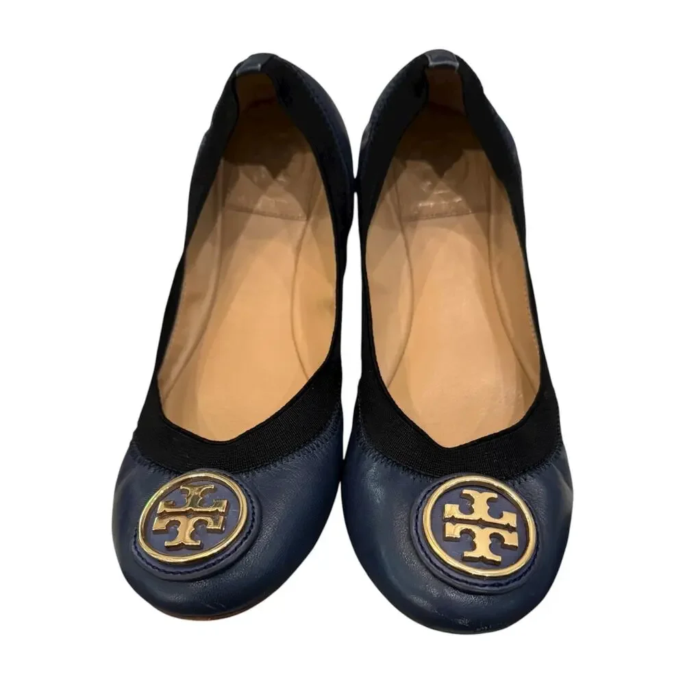Tory Burch Caroline 2 Ballet Flats Clare Blue/Black Leather Sz 6 w/ Box